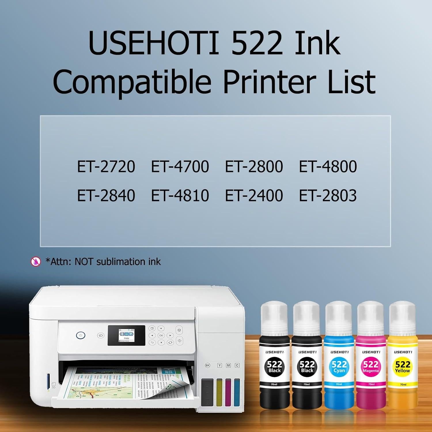 Botellas de Tinta de Recarga 522 USEHOTI para Impresoras ET-2720, 2800, 4800 - 5 Botellas