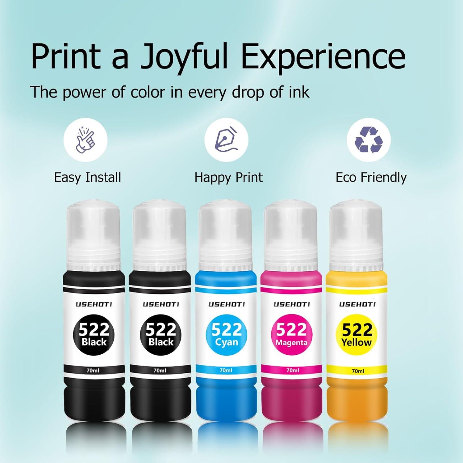 Botellas de Tinta de Recarga 522 USEHOTI para Impresoras ET-2720, 2800, 4800 - 5 Botellas