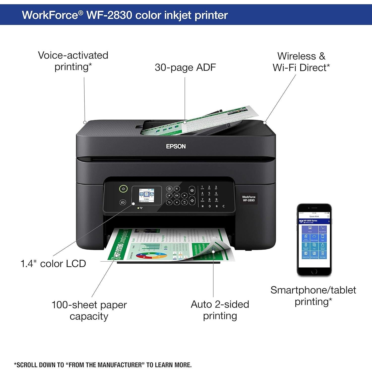 Impresora Multifuncional Inalámbrica Epson WF-2830 Color