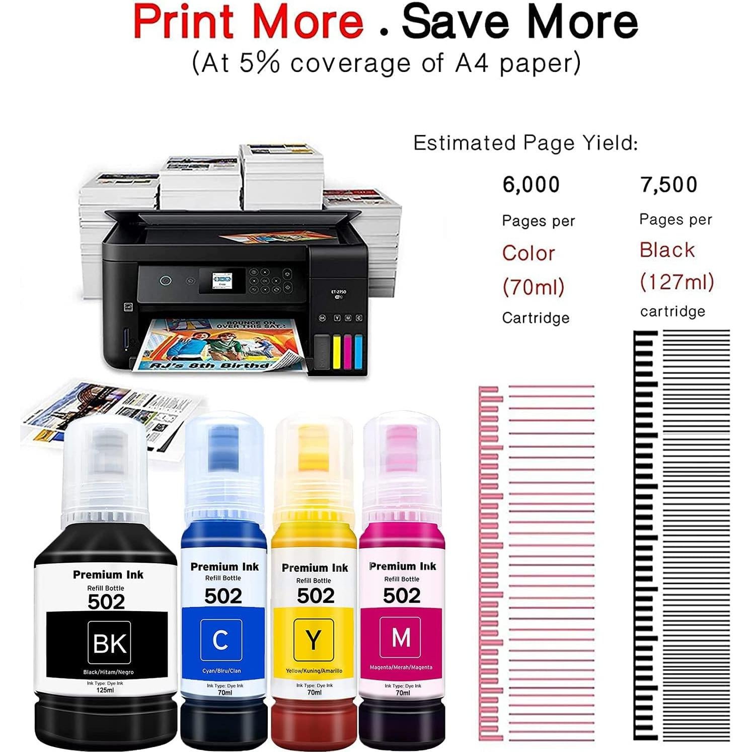 Botellas de Tinta de Recarga SGL Tech T502 para Ecotank 4 Pack