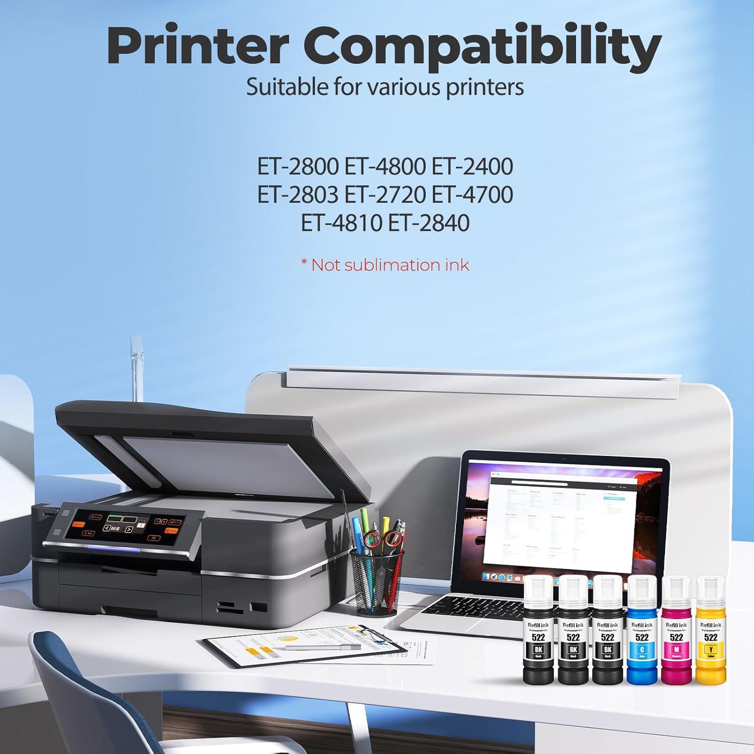 Botellas de Recarga de Tinta 522 DEEIYUER para Eco Tank ET-2400 ET-2800