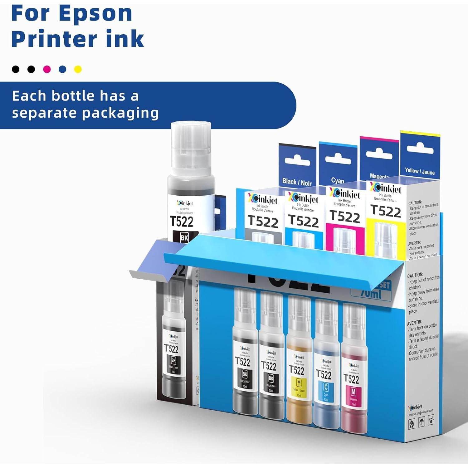 Botellas de Tinta 522 Xcinkjet para Epson EcoTank 70ml (2BK C M Y)