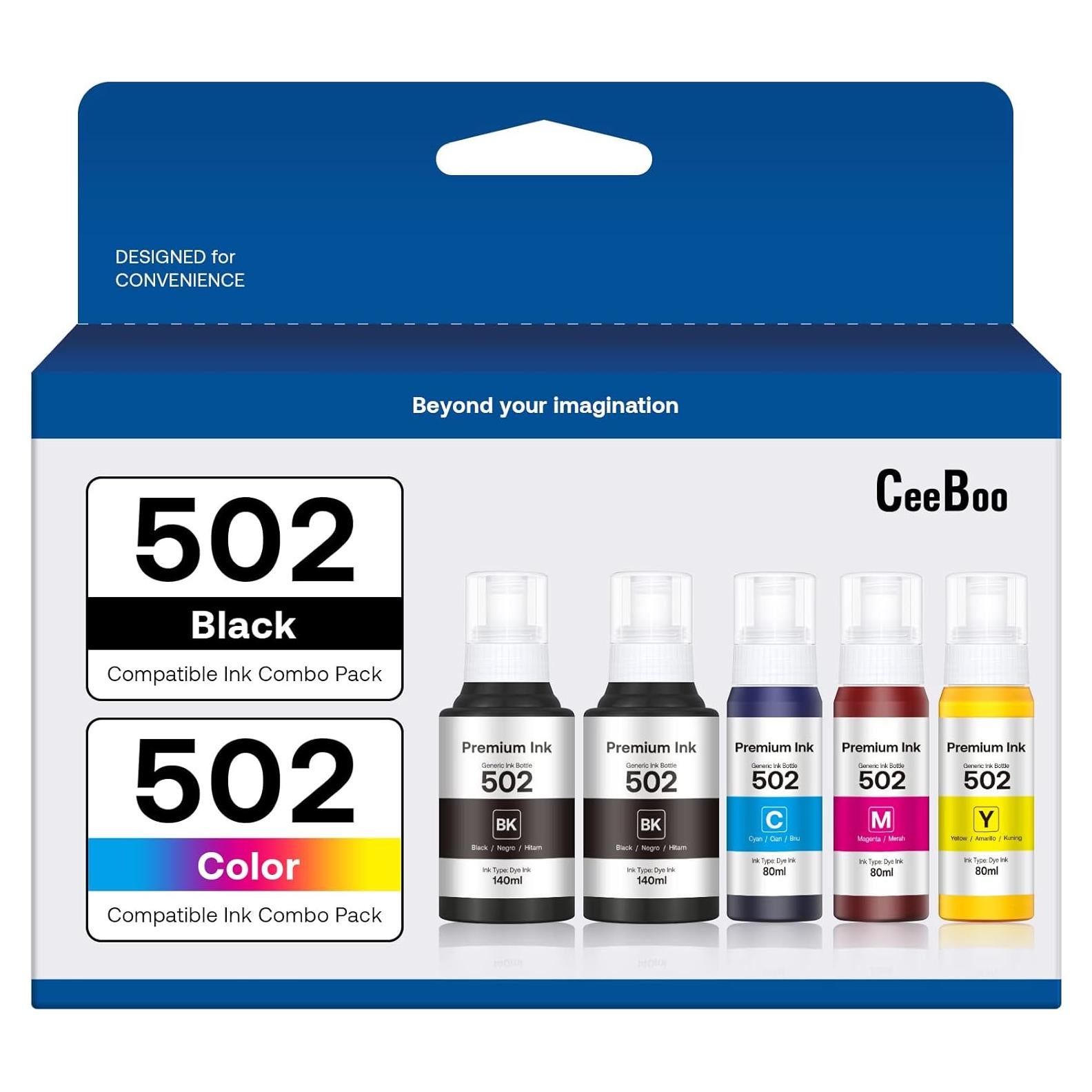 Botella de Tinta de Repuesto CEEBOO 502, 5 Botellas, Negro, Cian, Magenta, Amarillo