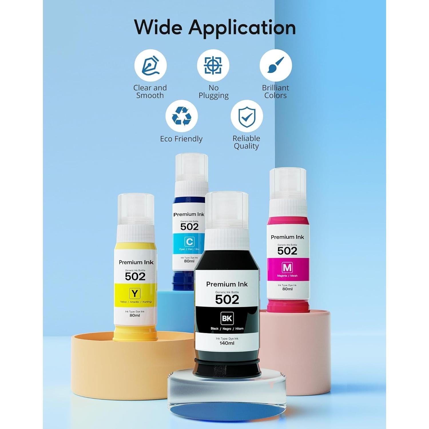 Botella de Tinta de Repuesto CEEBOO 502, 5 Botellas, Negro, Cian, Magenta, Amarillo