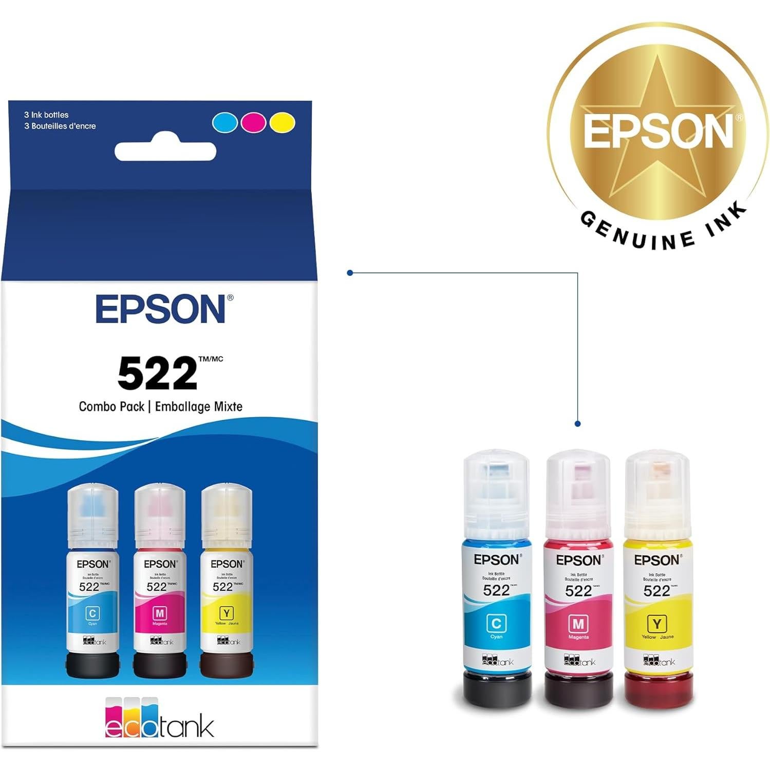 Botellas de Tinta Epson 522 EcoTank Combo Pack 3 Colores
