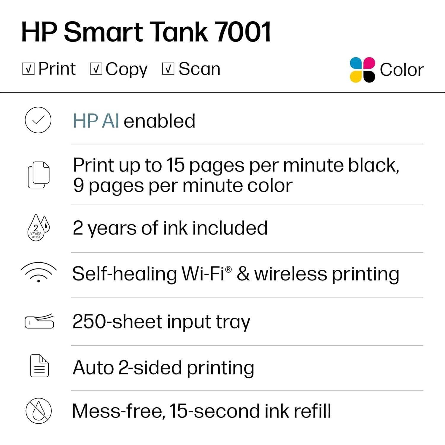Impresora Multifuncional HP Smart Tank 7001 Inalámbrica 2 Años Tinta