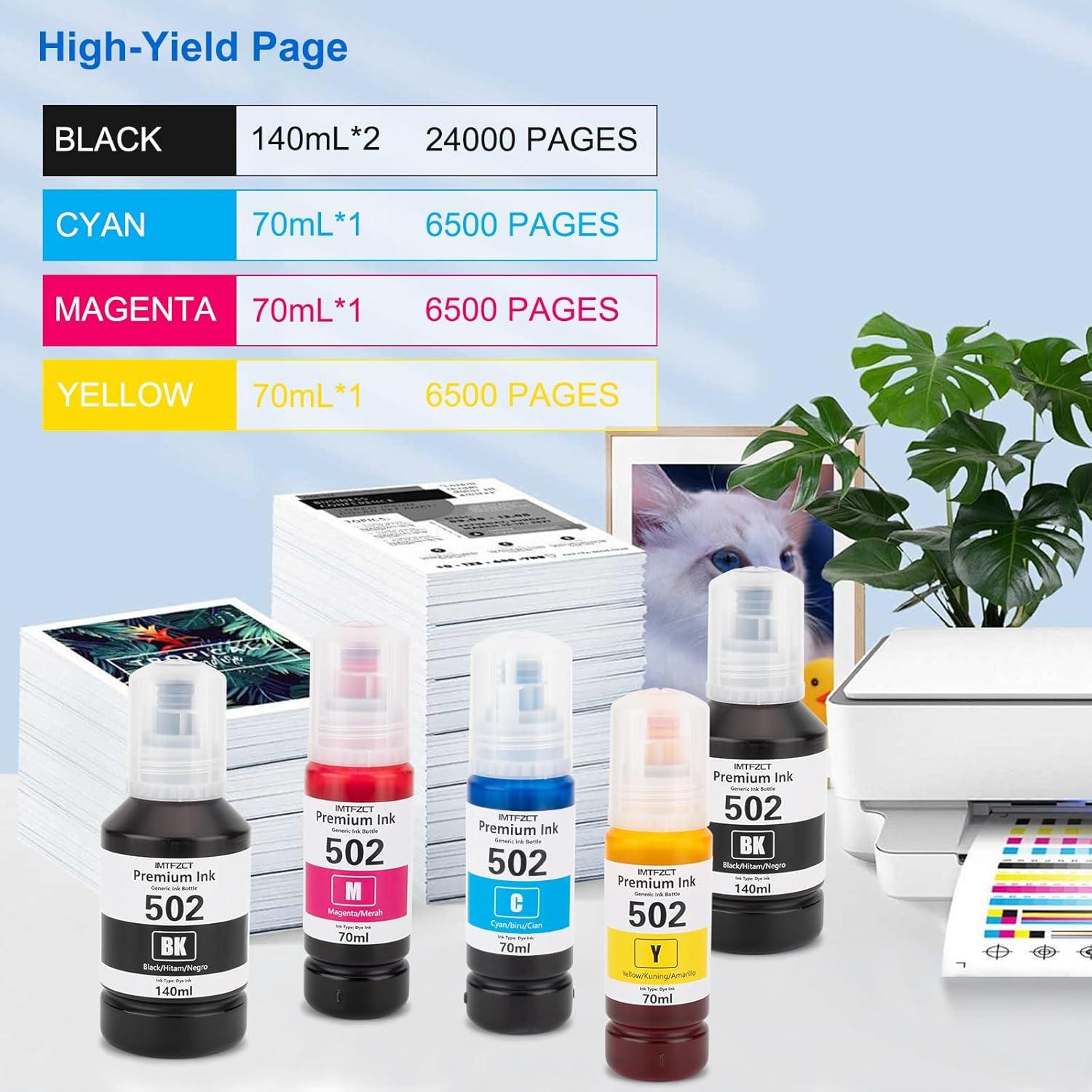 Botellas de Recarga de Tinta Compatible Epson 502 - 2x140ml Negro, 70ml Cian, Magenta, Amarillo