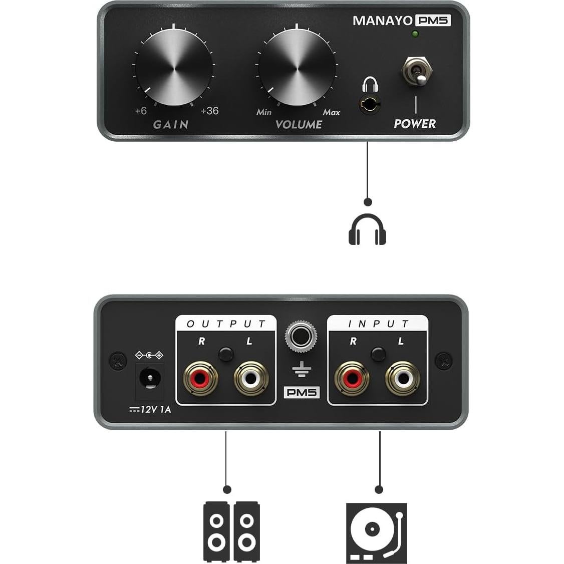 Preamplificador de Fonógrafo MANAYO PM5 con RCA y Auriculares