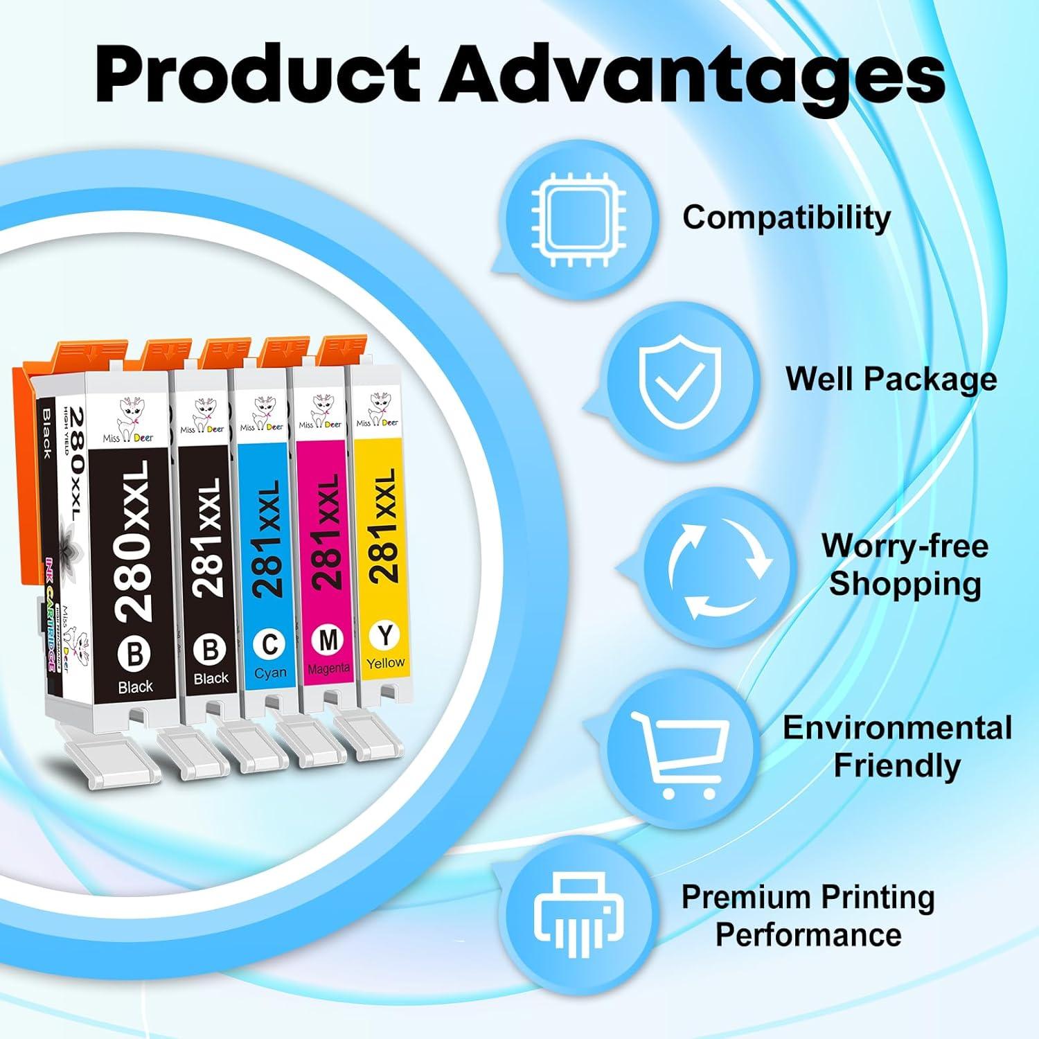Cartucho de tinta Miss Deer para Canon 280 281 XXL - Paquete de 5