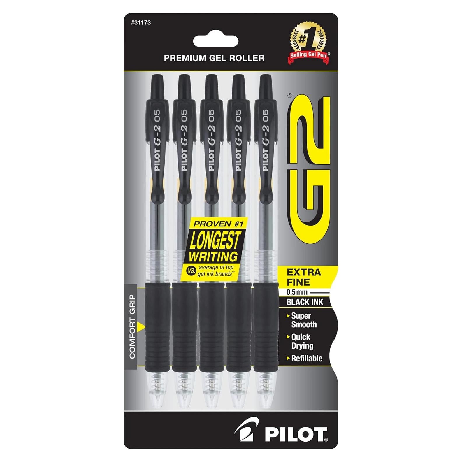 Bolígrafos de Gel Pilot G2, Punta Extra Fina 0.5 mm, Paquete de 5, Negro