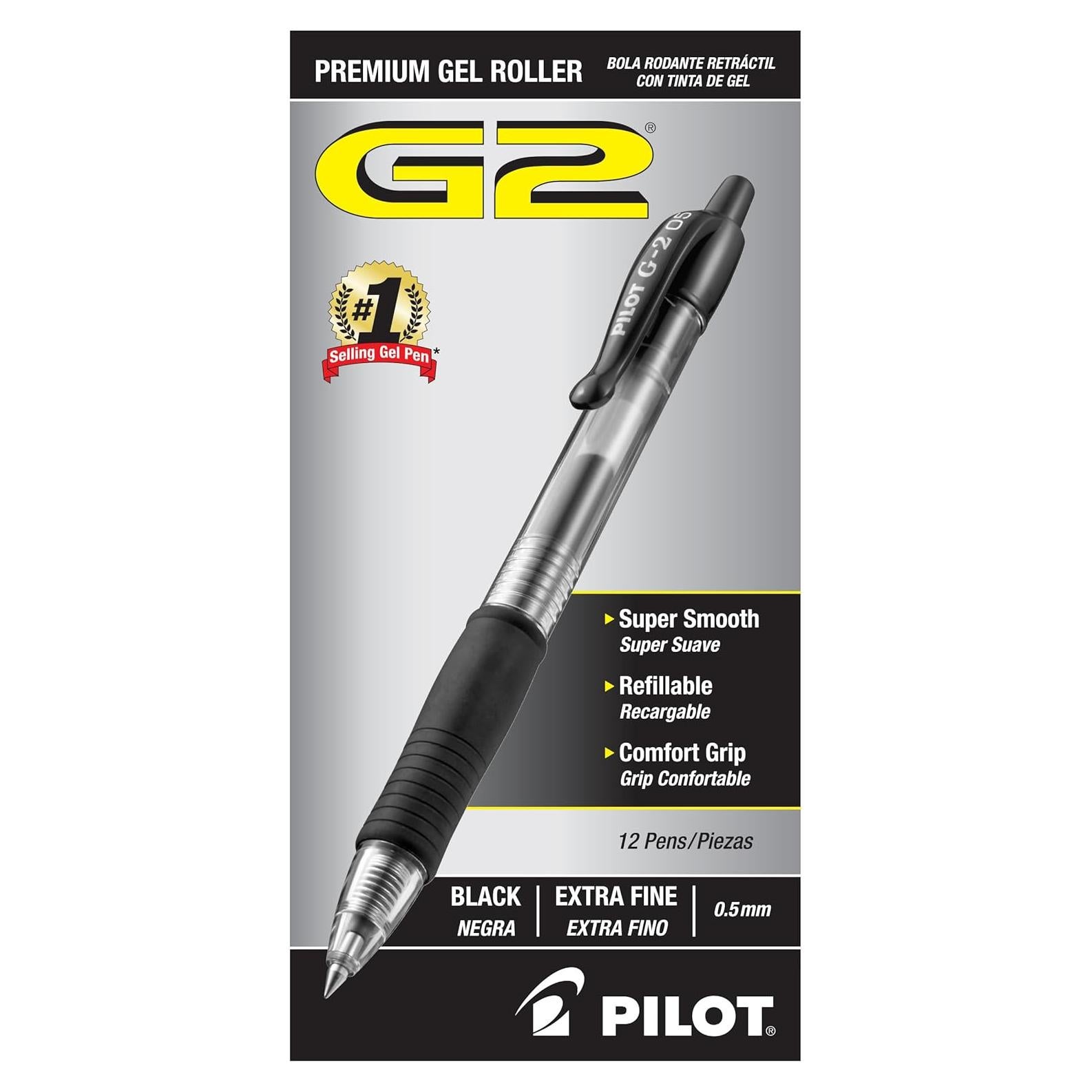 Bolígrafos de Gel Pilot G2, Punta Extra Fina 0.5 mm, 12 Unidades, Negro