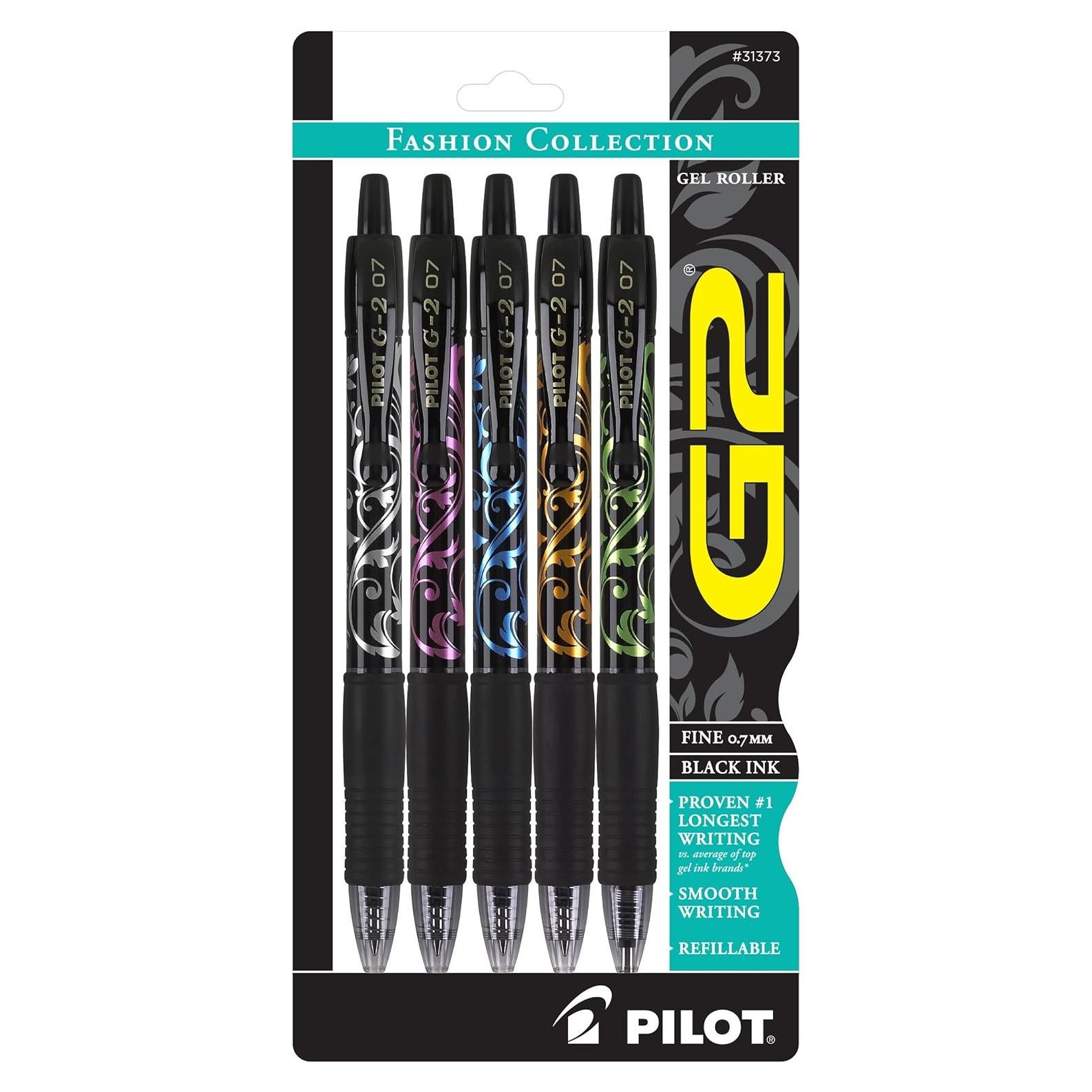 Bolígrafos de Gel Pilot G2, Punta Fina 0.7 mm, Negro, Paquete de 5