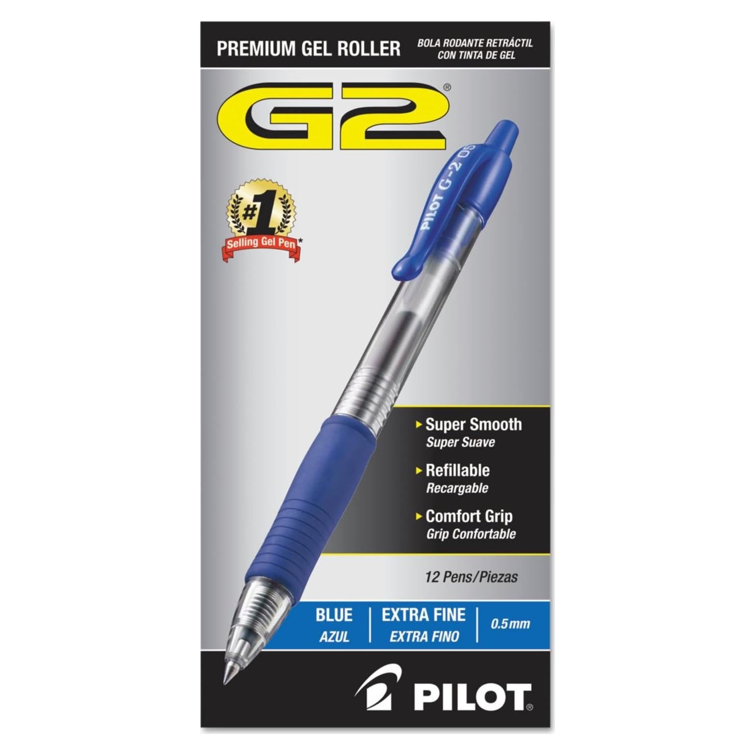 Bolígrafos de Gel Pilot G2, Punta Extra Fina 0.5 mm, Azul, 12 Unidades