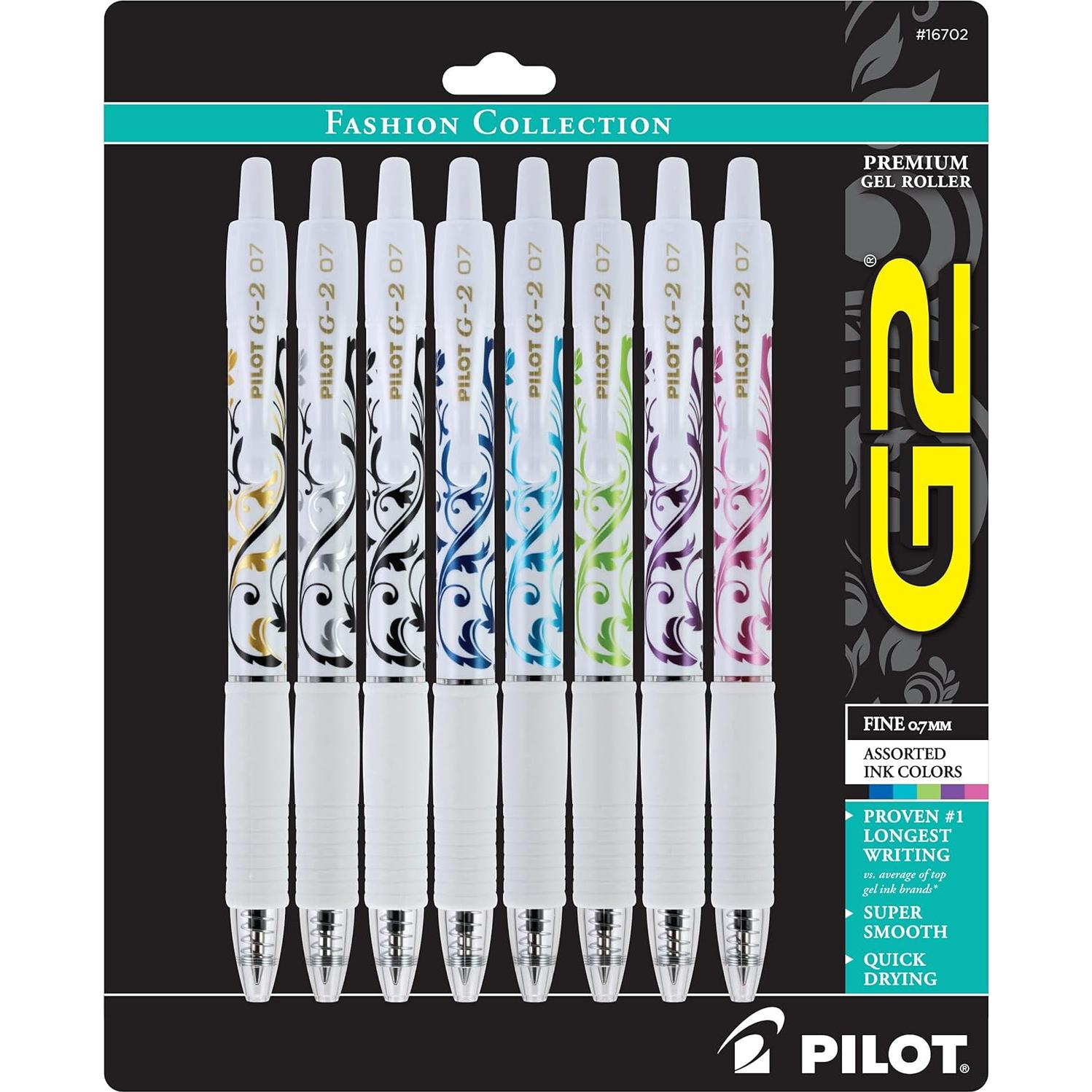 Bolígrafos de Gel Pilot G2, Punta Fina 0.7 mm, Colores Asortidos, Paquete de 8