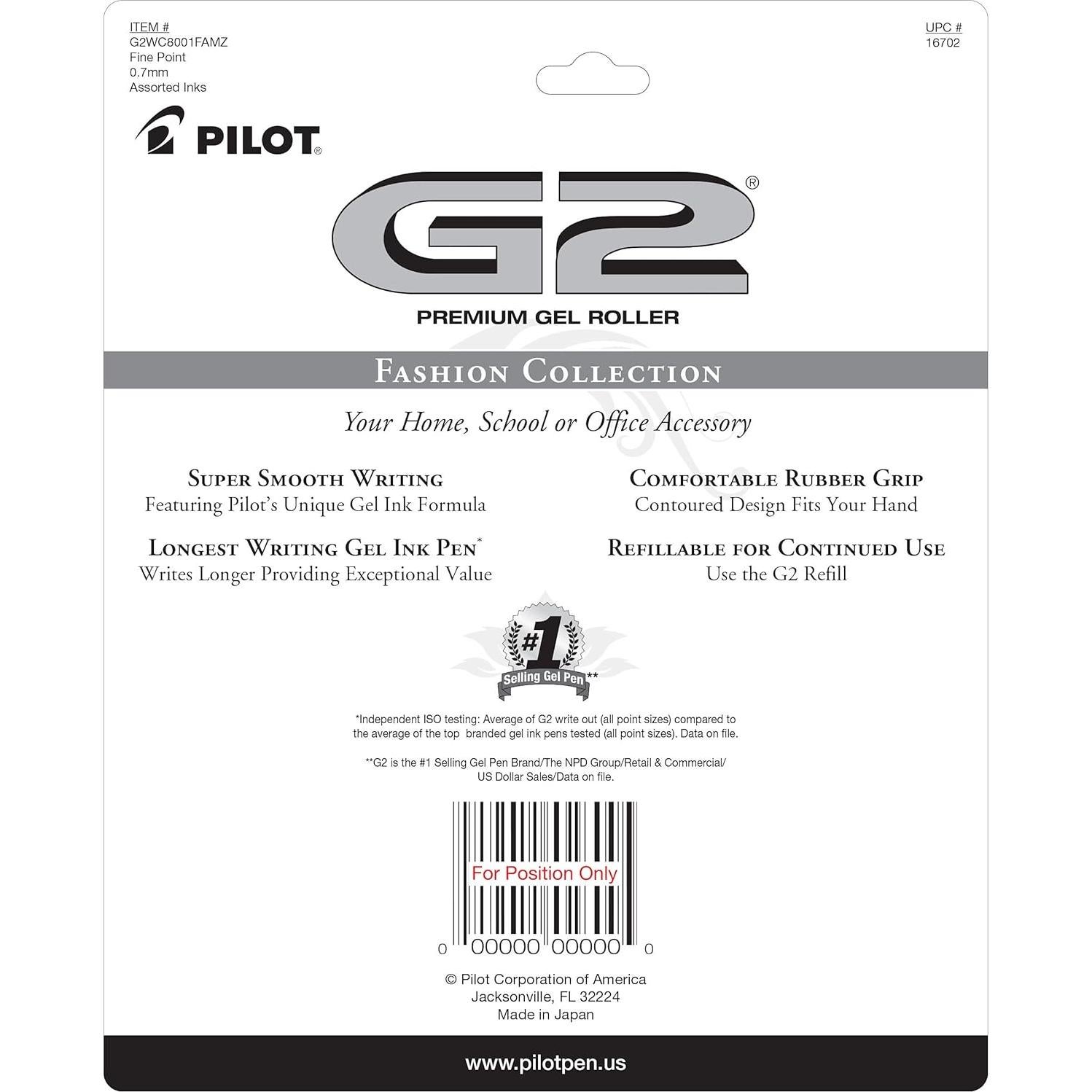 Bolígrafos de Gel Pilot G2, Punta Fina 0.7 mm, Colores Asortidos, Paquete de 8