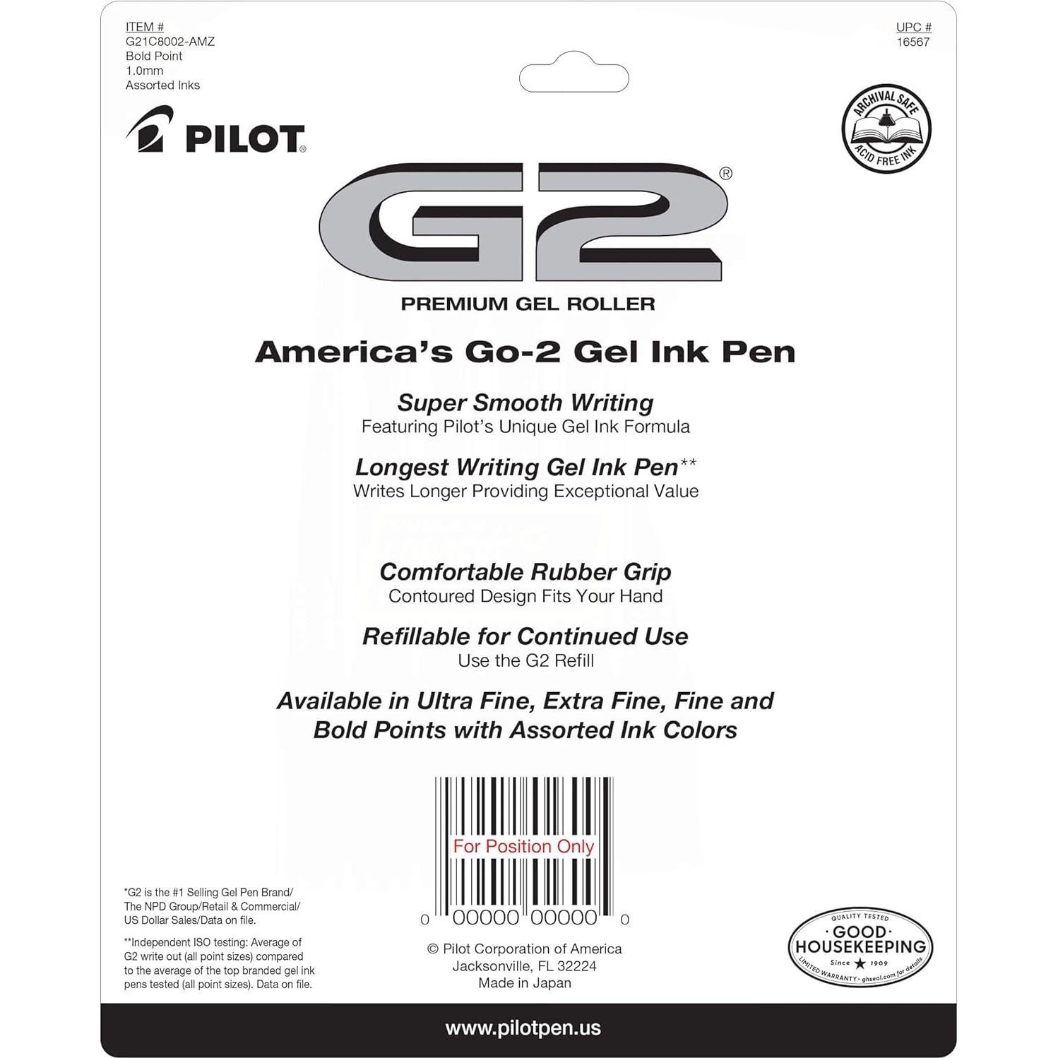 Bolígrafos de Gel Pilot G2, 1 mm, Pack de 8, Negro y Azul