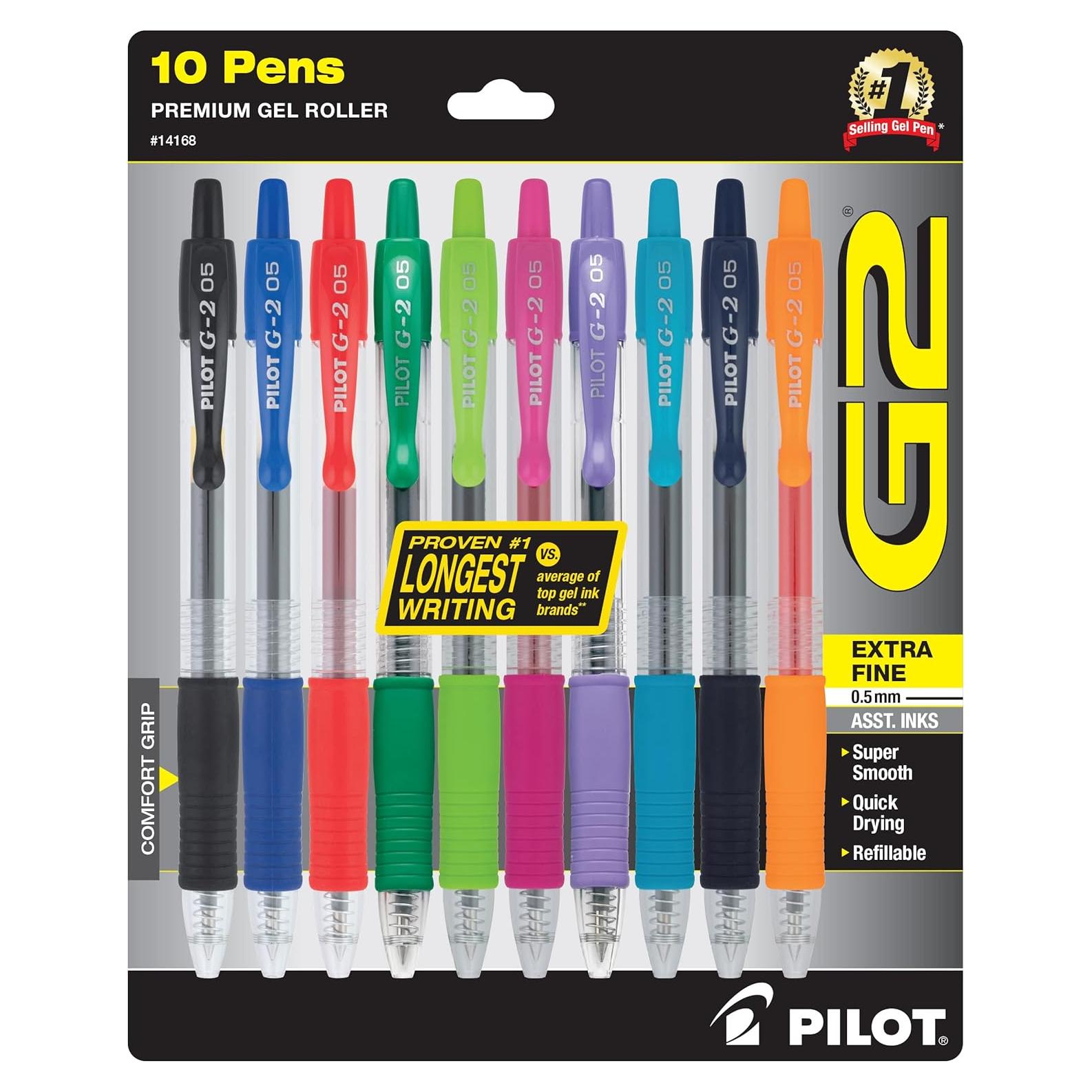 Bolígrafos de Gel Retráctiles Pilot G2, Punta Extra Fina 0.5mm, 10/Paq