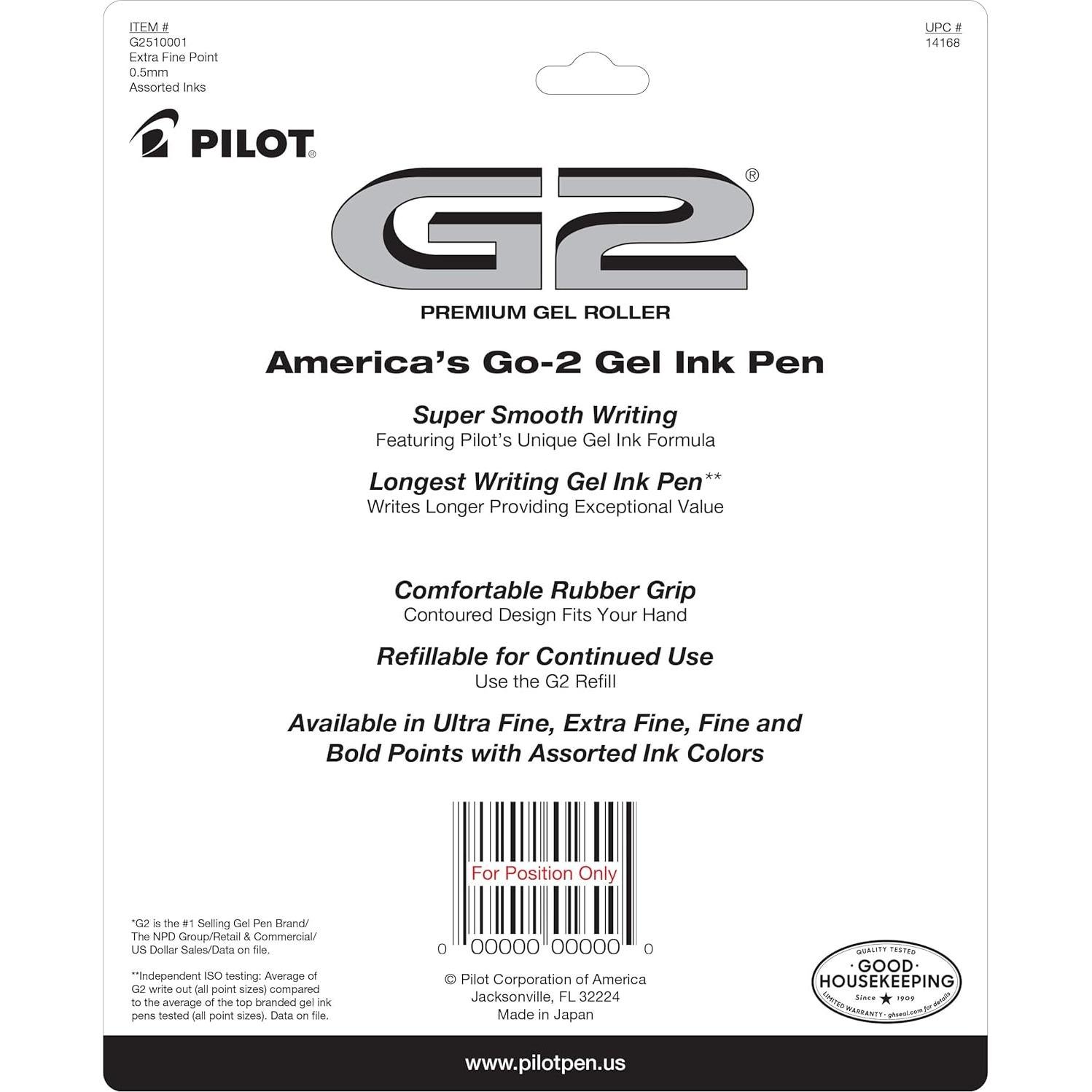 Bolígrafos de Gel Retráctiles Pilot G2, Punta Extra Fina 0.5mm, 10/Paq