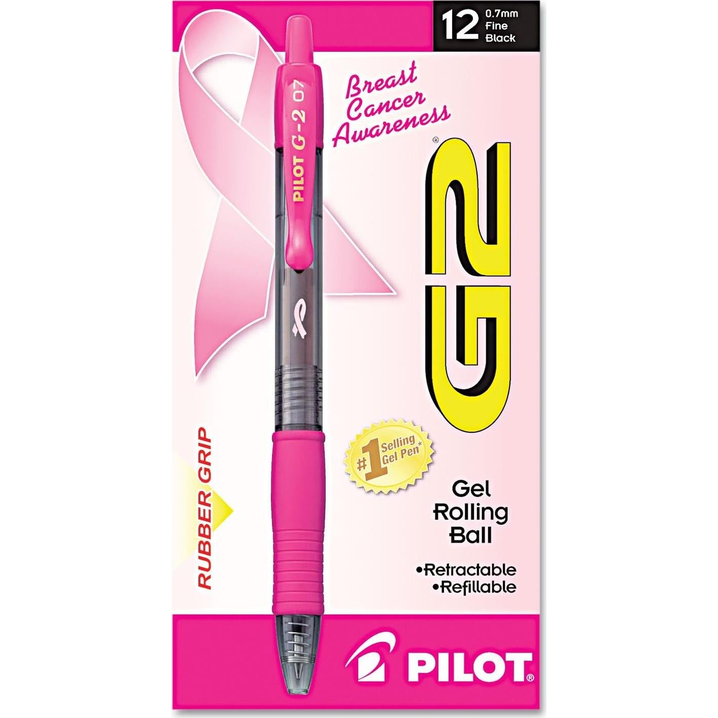Bolígrafo de Gel Pilot G2 Premium Cinta Rosa, Tinta Negra, Paquete 12