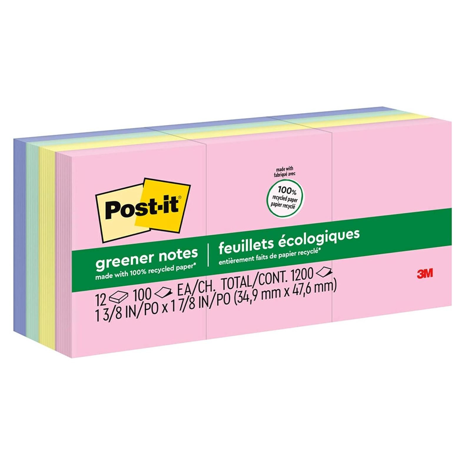 Notas Adhesivas Greener Post-it 3.5x4.4cm 12 Bloc Colores Pastel