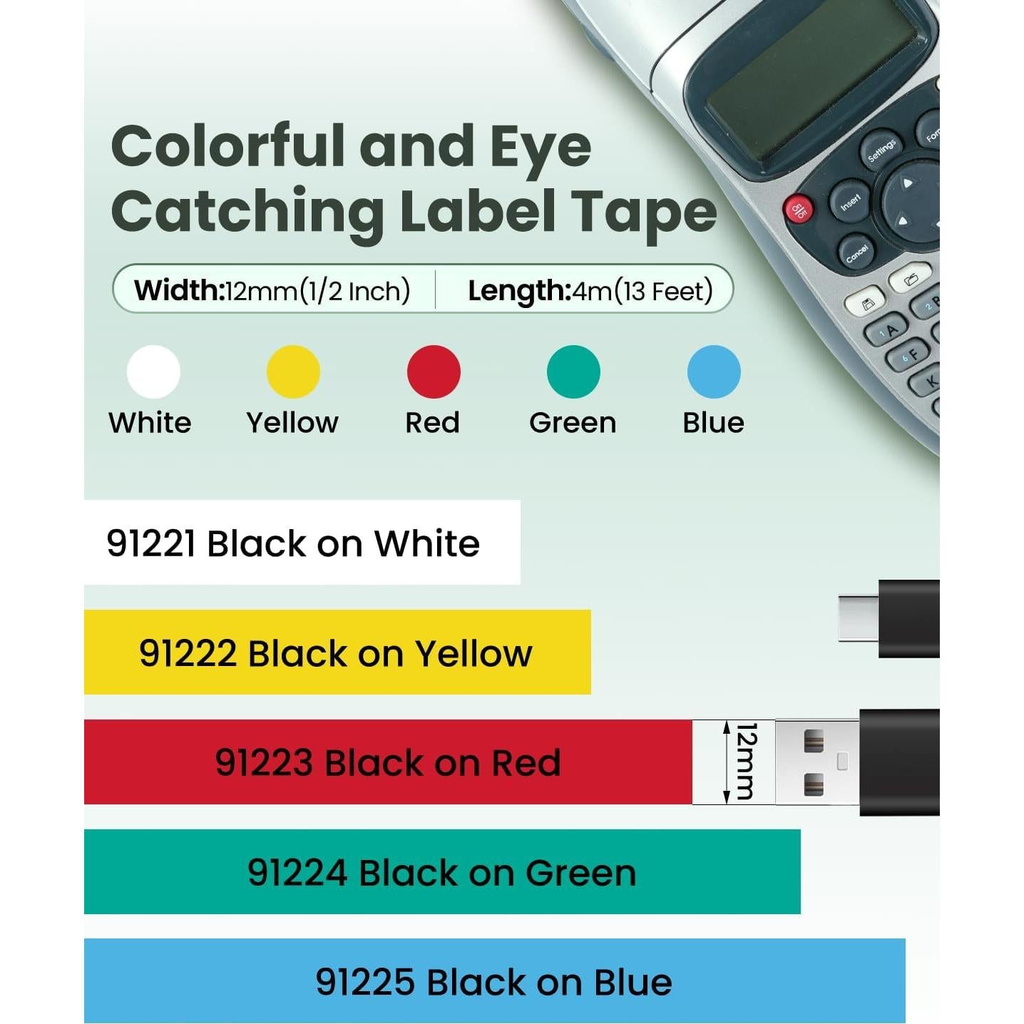 Cinta de Etiqueta 12mm x 4m Wonfoucs para Dymo LetraTag