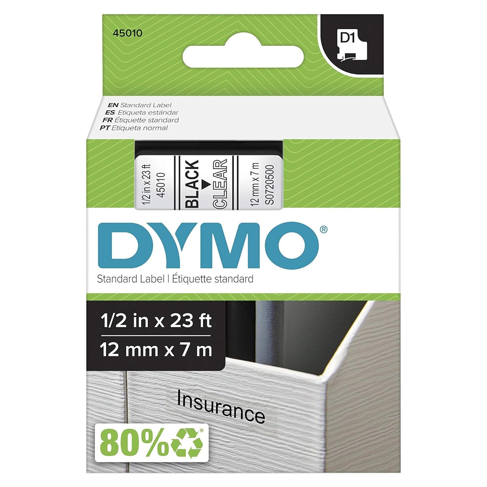 Etiquetas D1 DYMO 12mm Negro sobre Transparente 23 pies