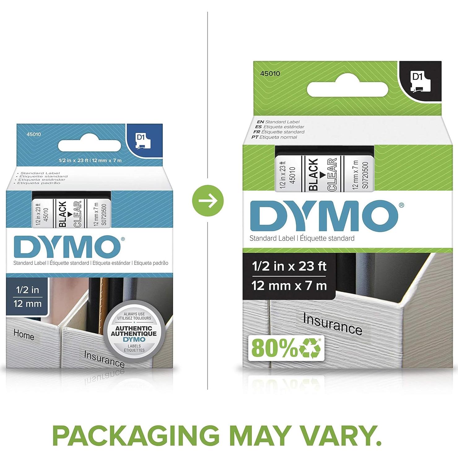 Etiquetas D1 DYMO 12mm Negro sobre Transparente 23 pies