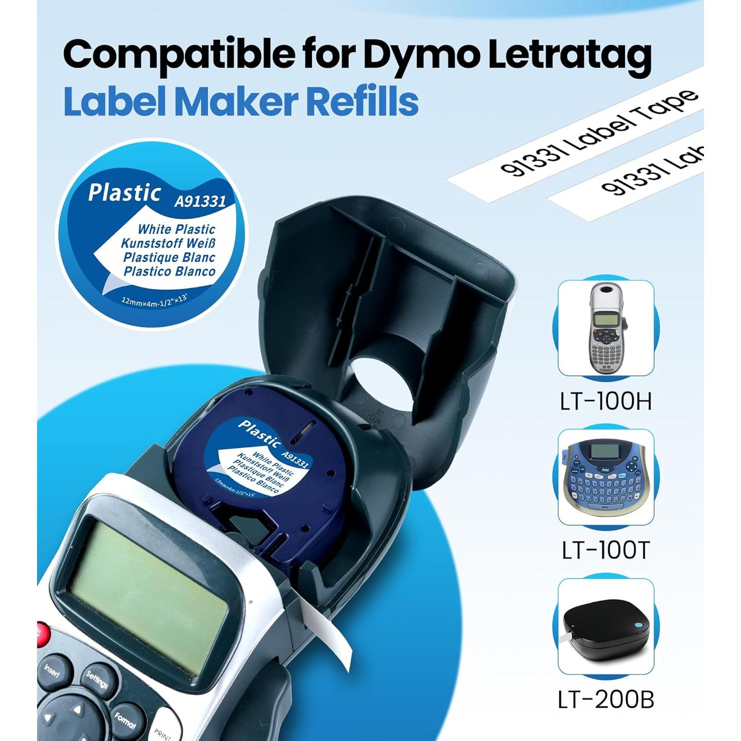 Cintas de Etiquetas Dymo LetraTag 91331 Plástico Blanco 12mm x 4m - Paquete de 5