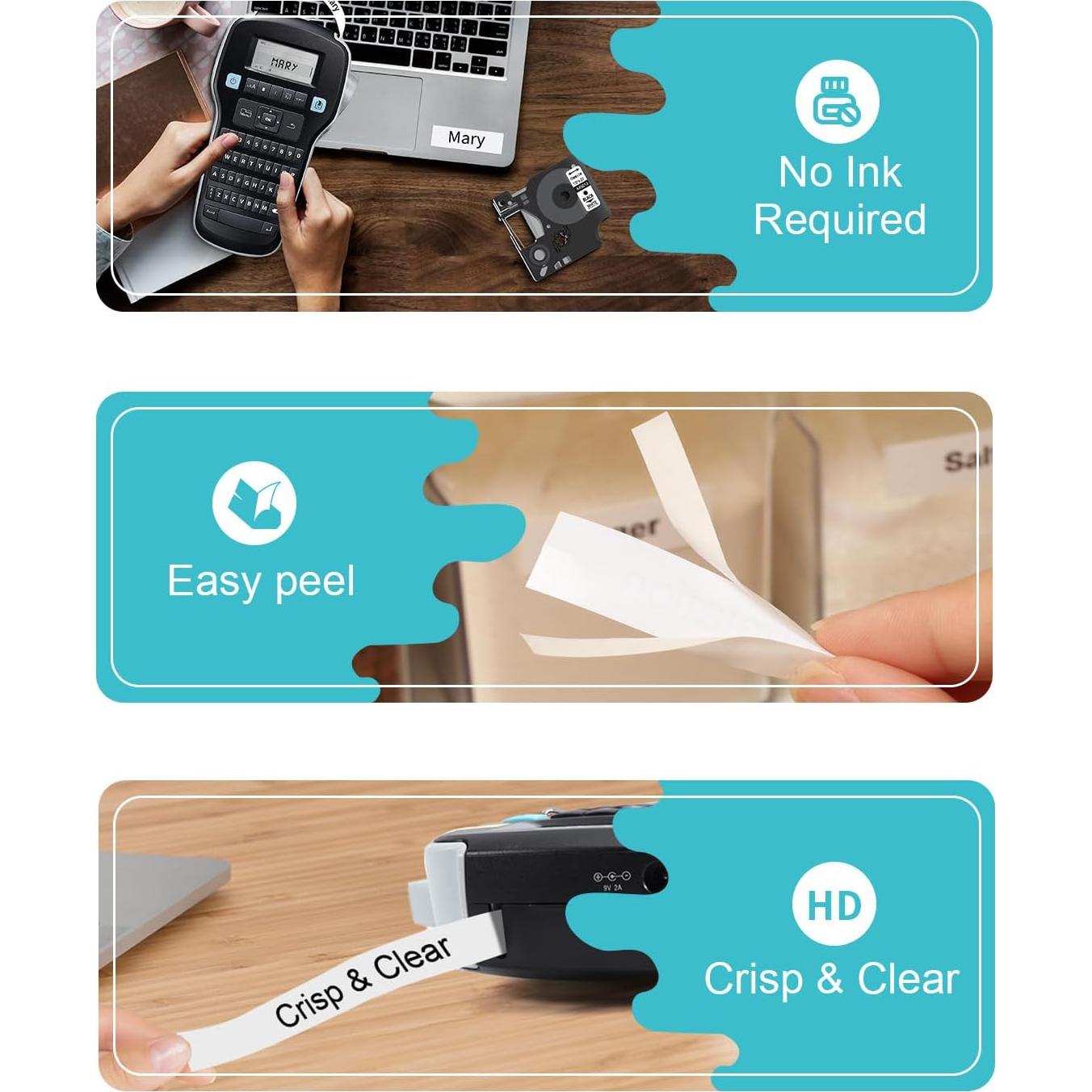 Cinta de Etiqueta Oozmas D1 45013 12mm Negro sobre Blanco - 3 Paquetes