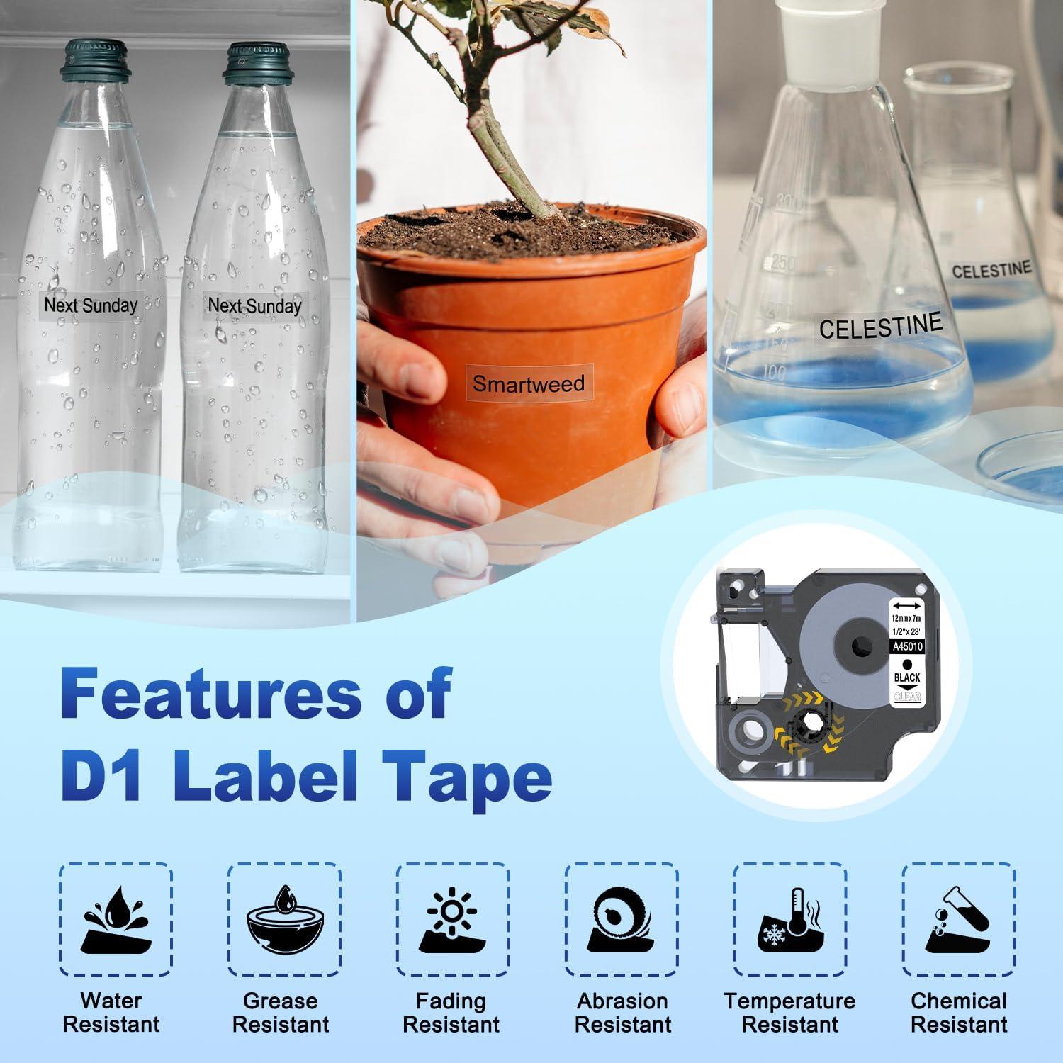 Cinta de Etiqueta Dymo D1 COLORWING 12mm x 7m Negra Transparente