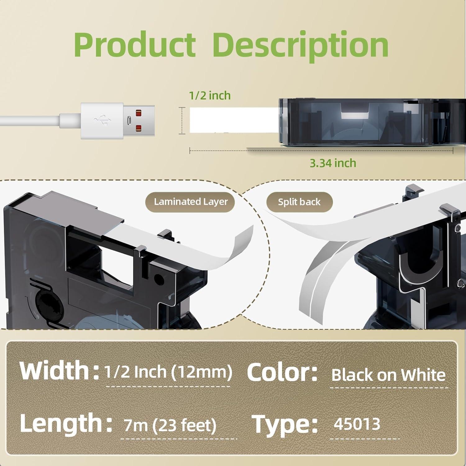 Cinta de Etiqueta Dymo D1 45013 12mm Negro sobre Blanco 6-Pack