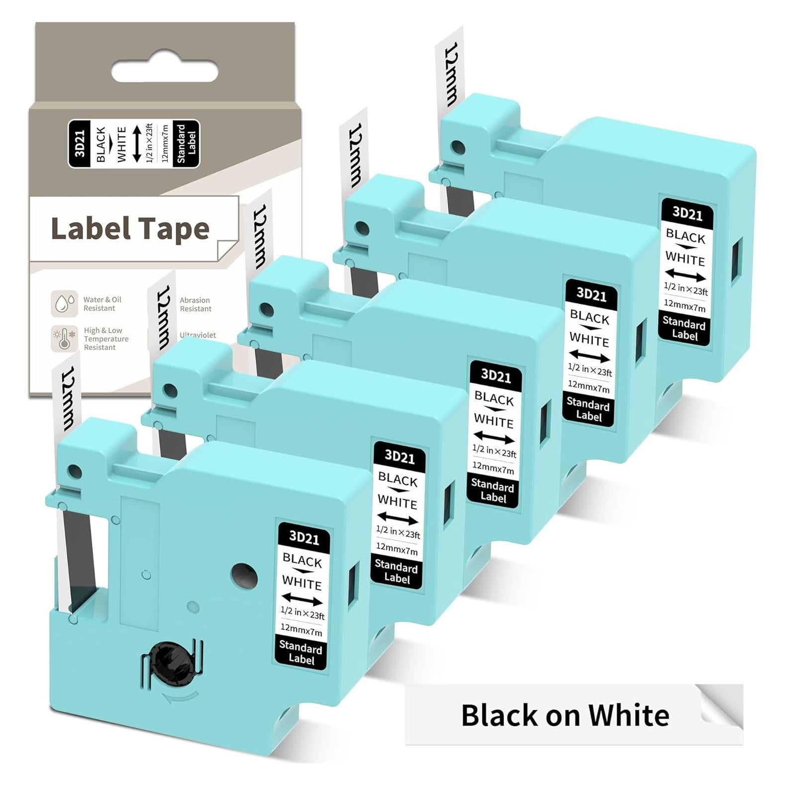 Cintas de Etiquetas EazeID 5-Pack 12mm Negro sobre Blanco