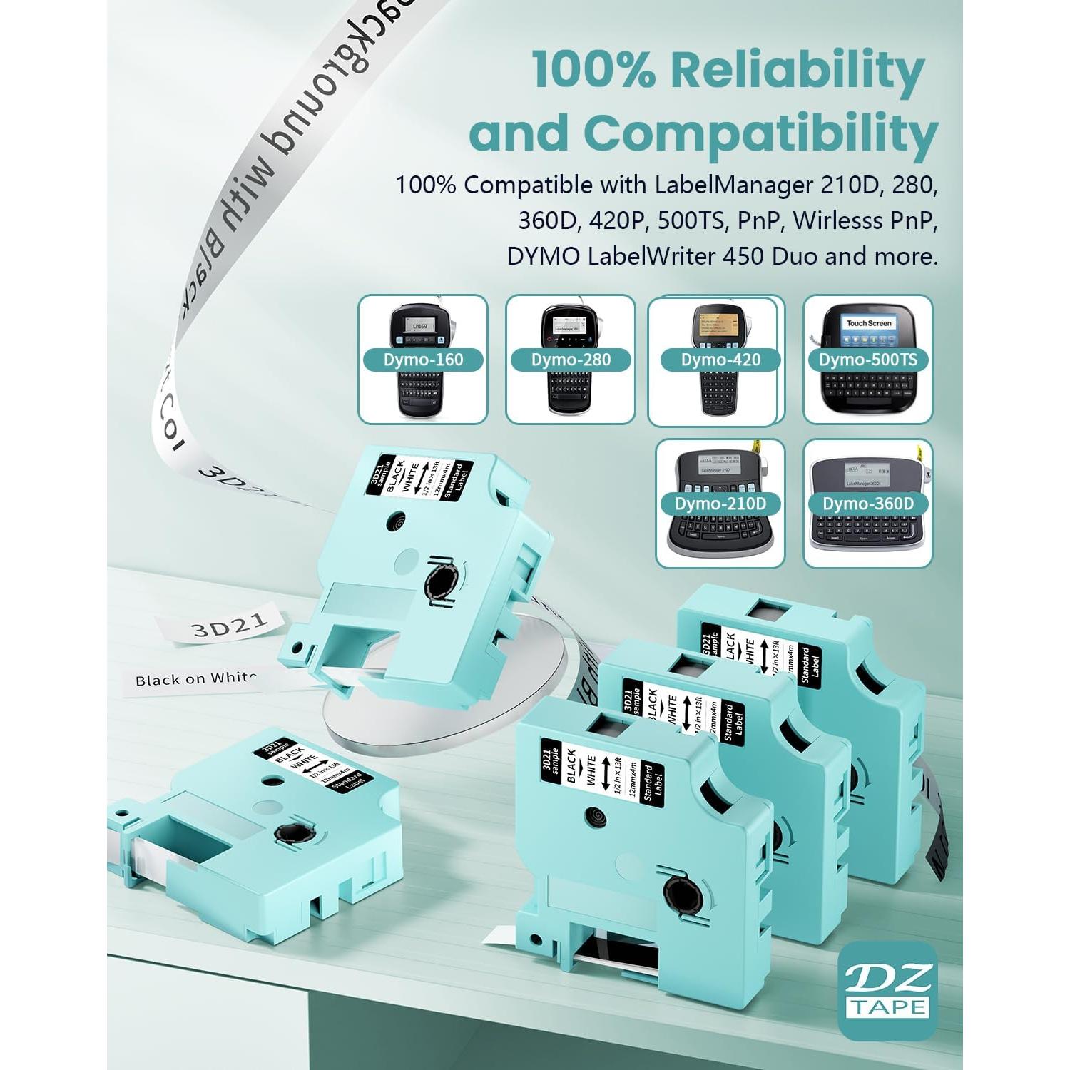 Cintas de Etiquetas EazeID 5-Pack 12mm Negro sobre Blanco