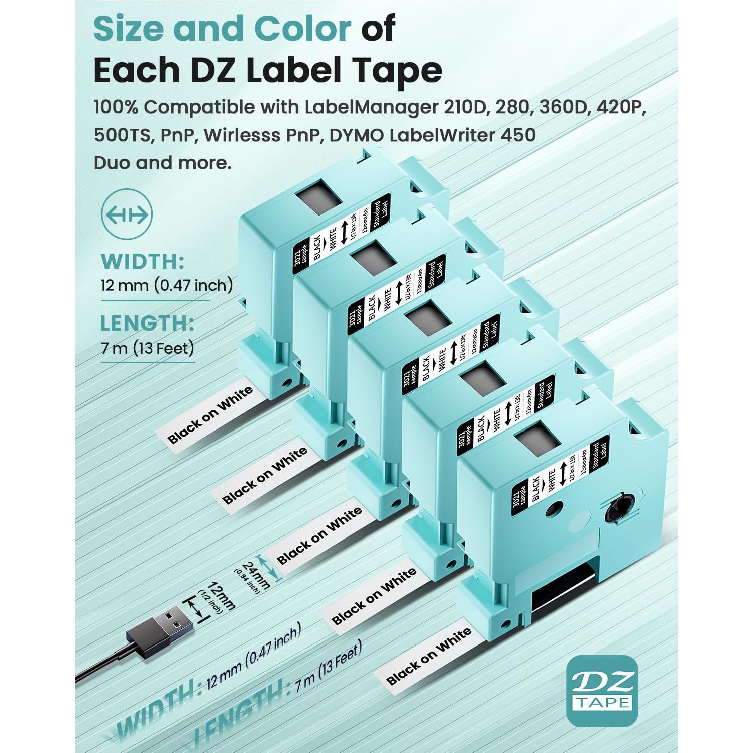 Cintas de Etiquetas EazeID 5-Pack 12mm Negro sobre Blanco