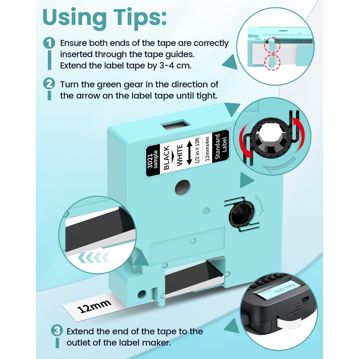 Cintas de Etiquetas EazeID 5-Pack 12mm Negro sobre Blanco