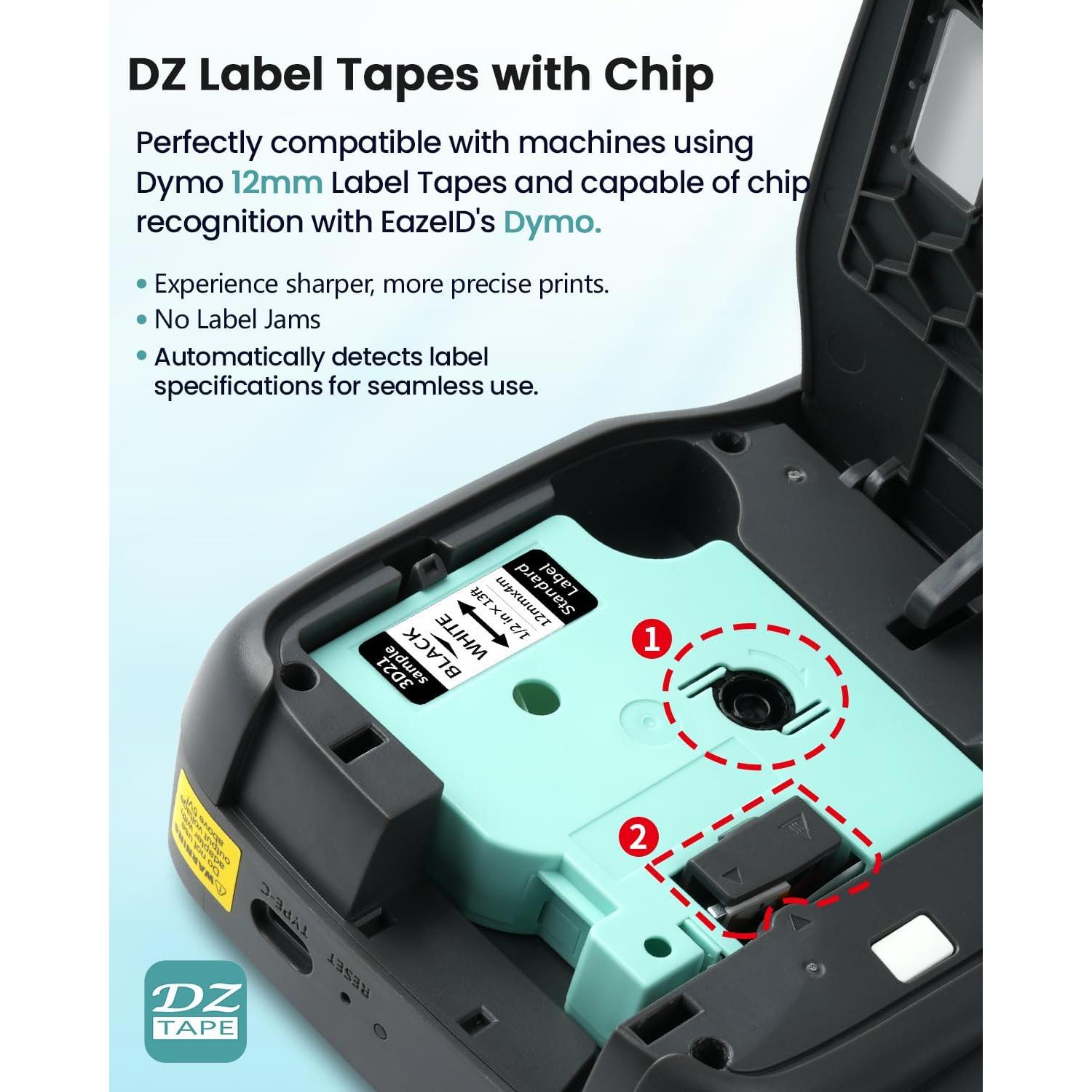 Cintas de Etiquetas EazeID 5-Pack 12mm Negro sobre Blanco