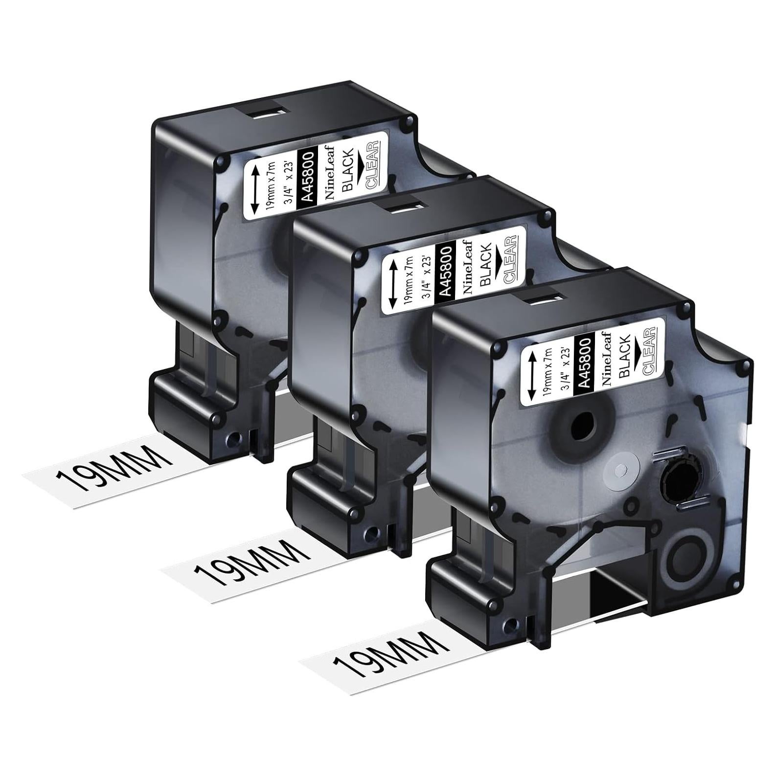 Cinta de Etiqueta NineLeaf D1 45800 19mm Negro Transparente 3 Pack