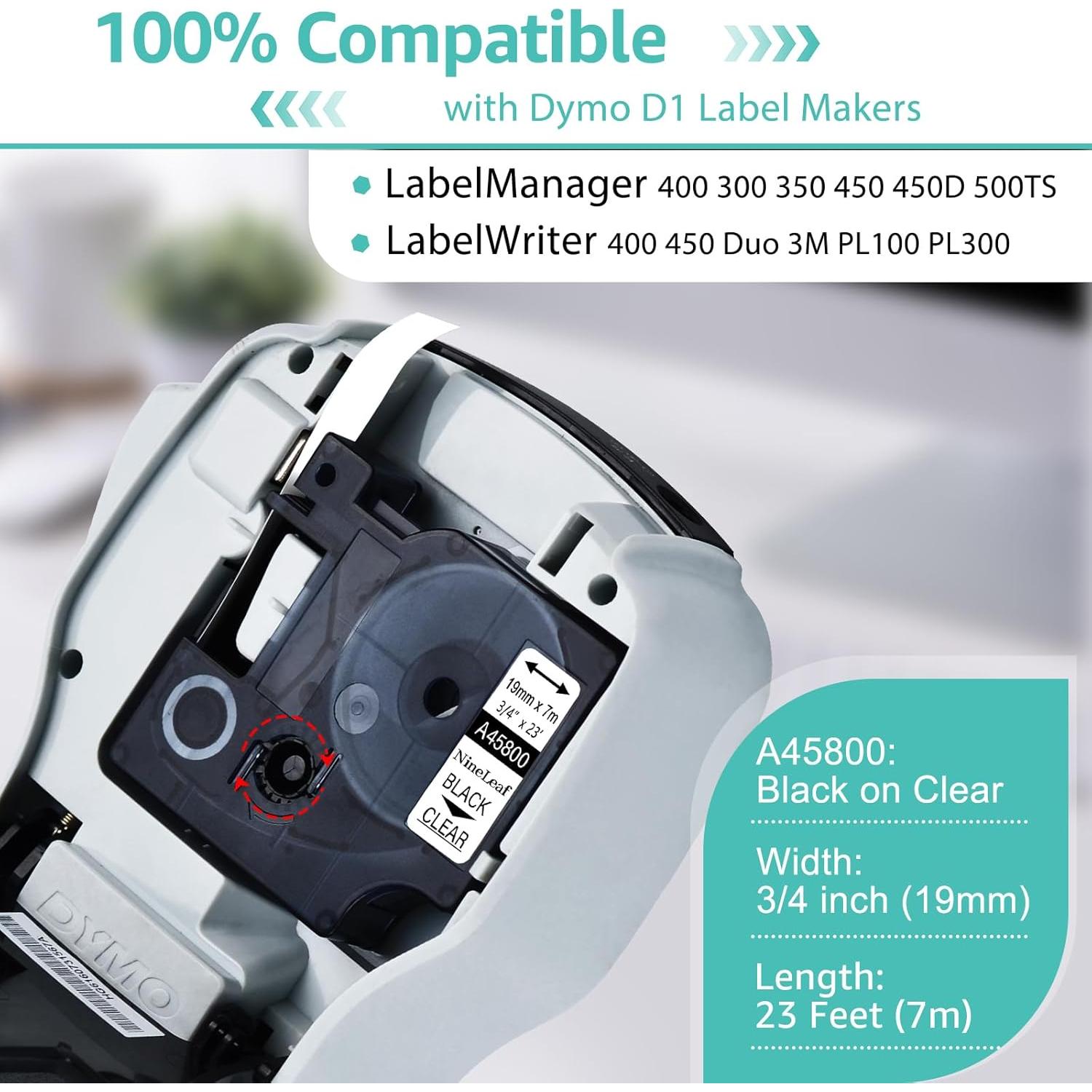 Cinta de Etiqueta NineLeaf D1 45800 19mm Negro Transparente 3 Pack