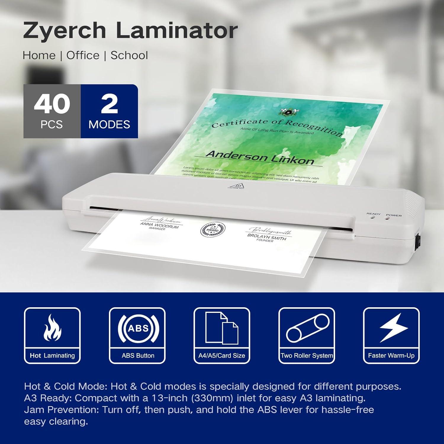 Laminadora Térmica A3 Zyerch 7 en 1 con 40 Fundas