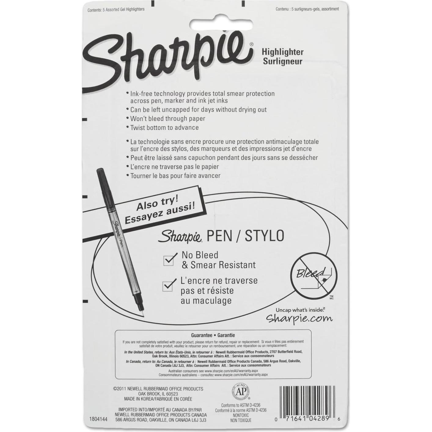 Marcadores Fluorescentes Sharpie Gel Punta Bullet Paquete 5 Colores