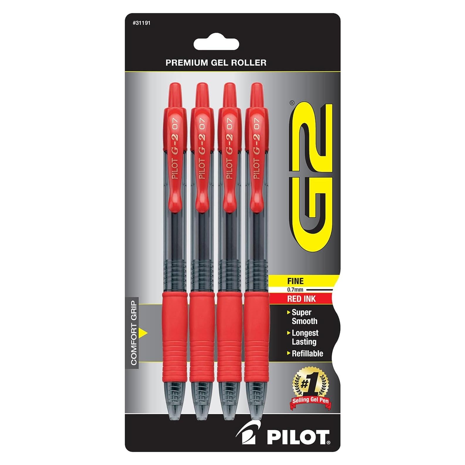Bolígrafos de Gel Pilot G-2 Retráctiles 0.7 mm Tinta Roja Paquete 4