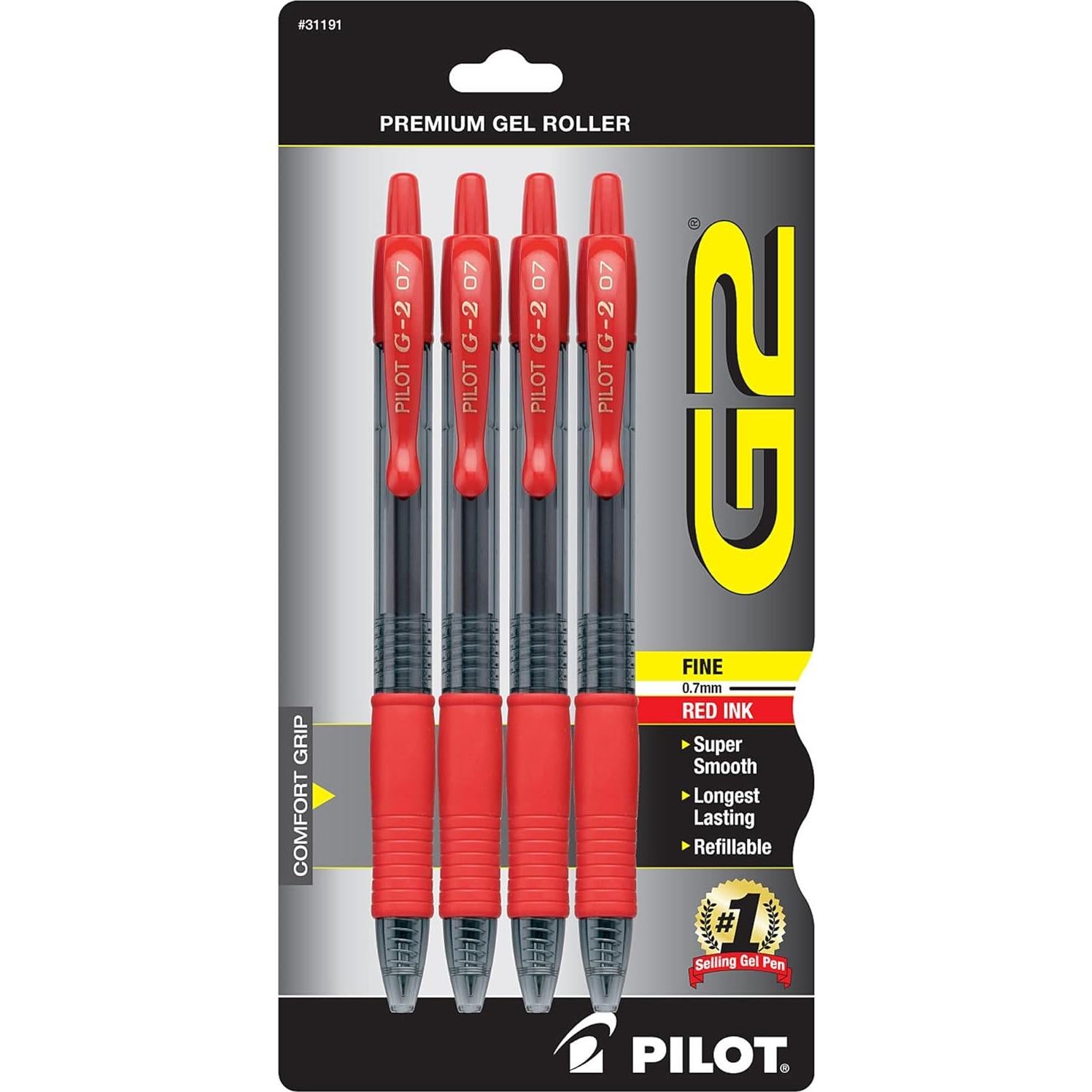 Bolígrafos de Gel Pilot G-2 Retráctiles 0.7 mm Tinta Roja Paquete 4