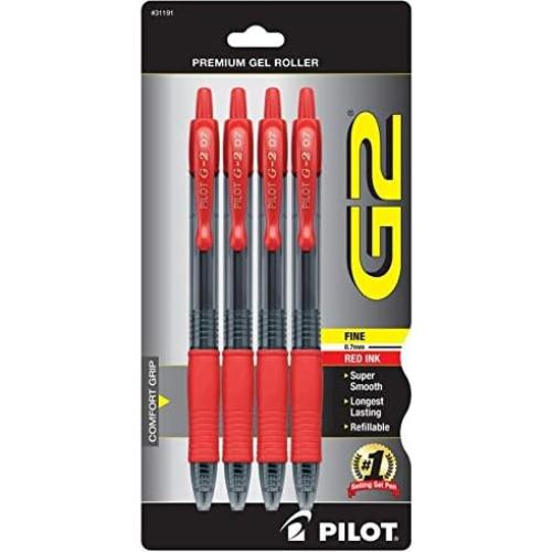 Bolígrafos de Gel Pilot G-2 Retráctiles 0.7 mm Tinta Roja Paquete 4