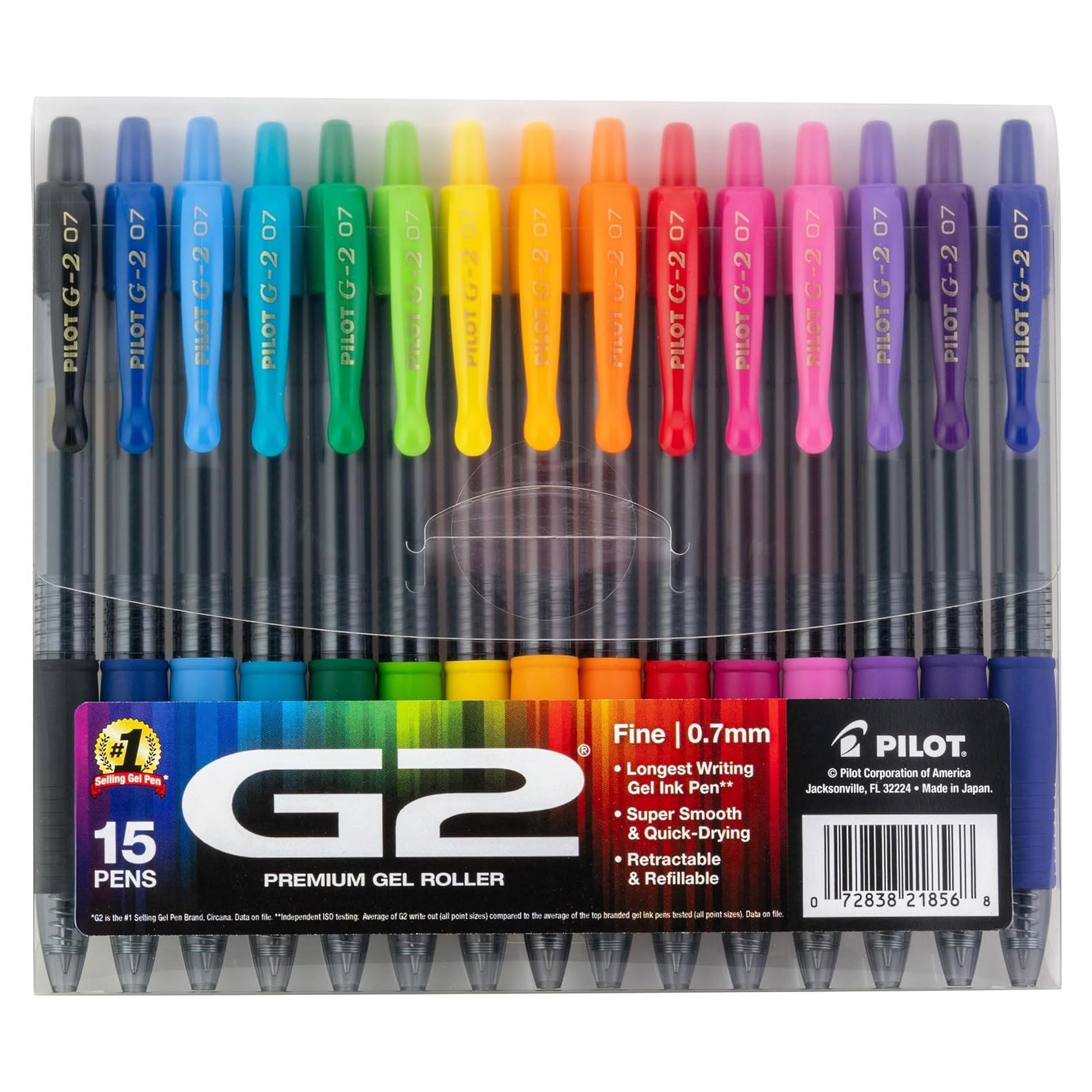 Bolígrafos de Gel Pilot G2, Paquete de 15 Colores Variados 0.7mm