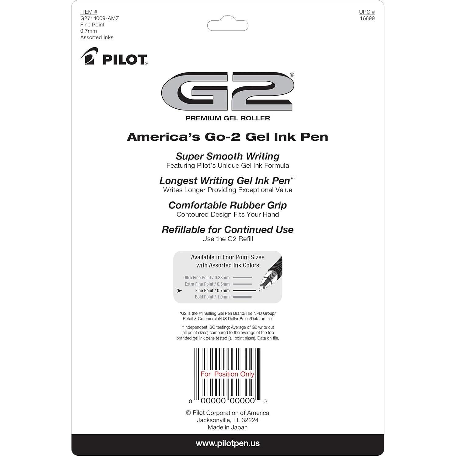 Bolígrafos de Gel Pilot G2, Punta Fina 0.7 mm, 14 Colores