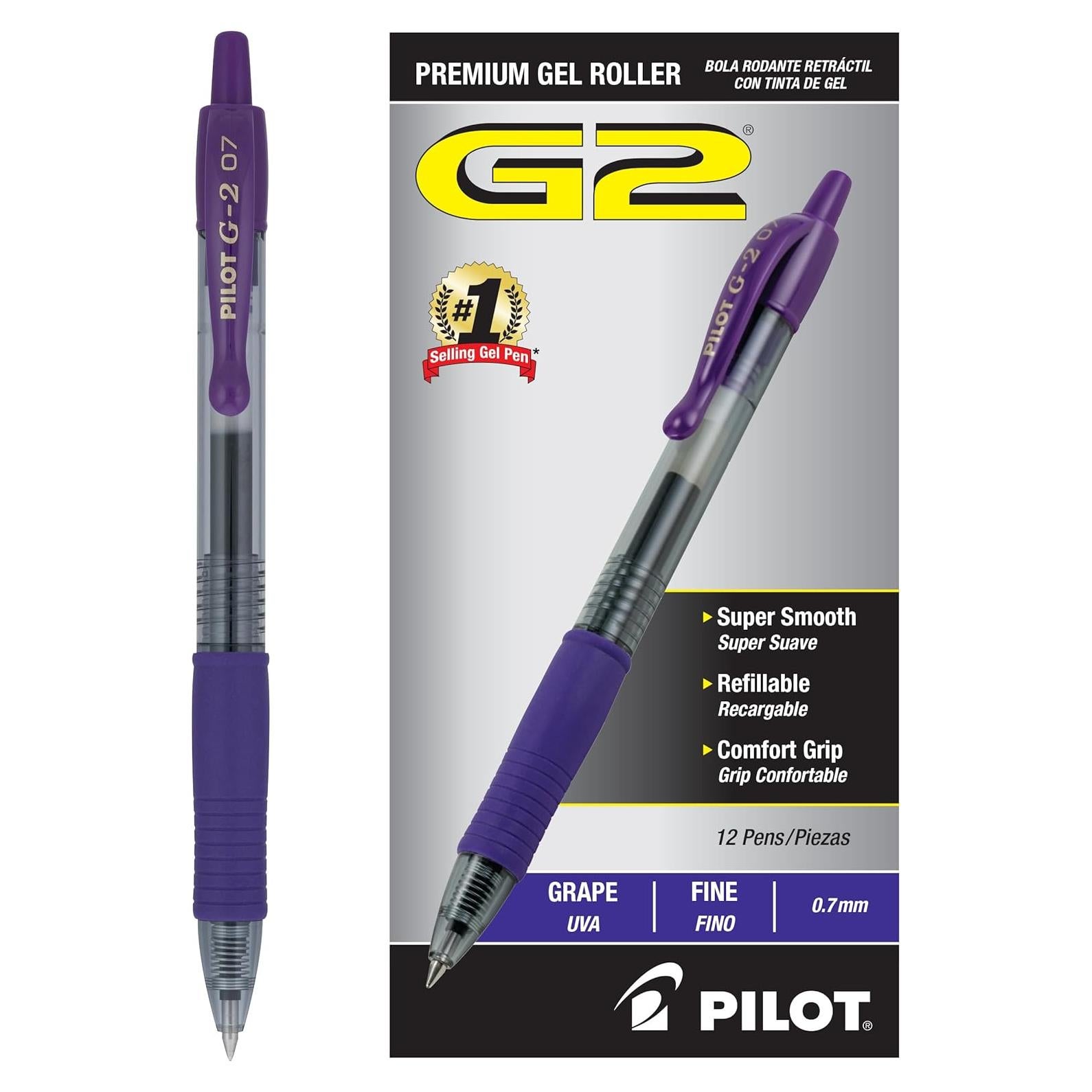 Bolígrafos de Gel Pilot G2 Fina 0.7mm Uva - Paquete de 12