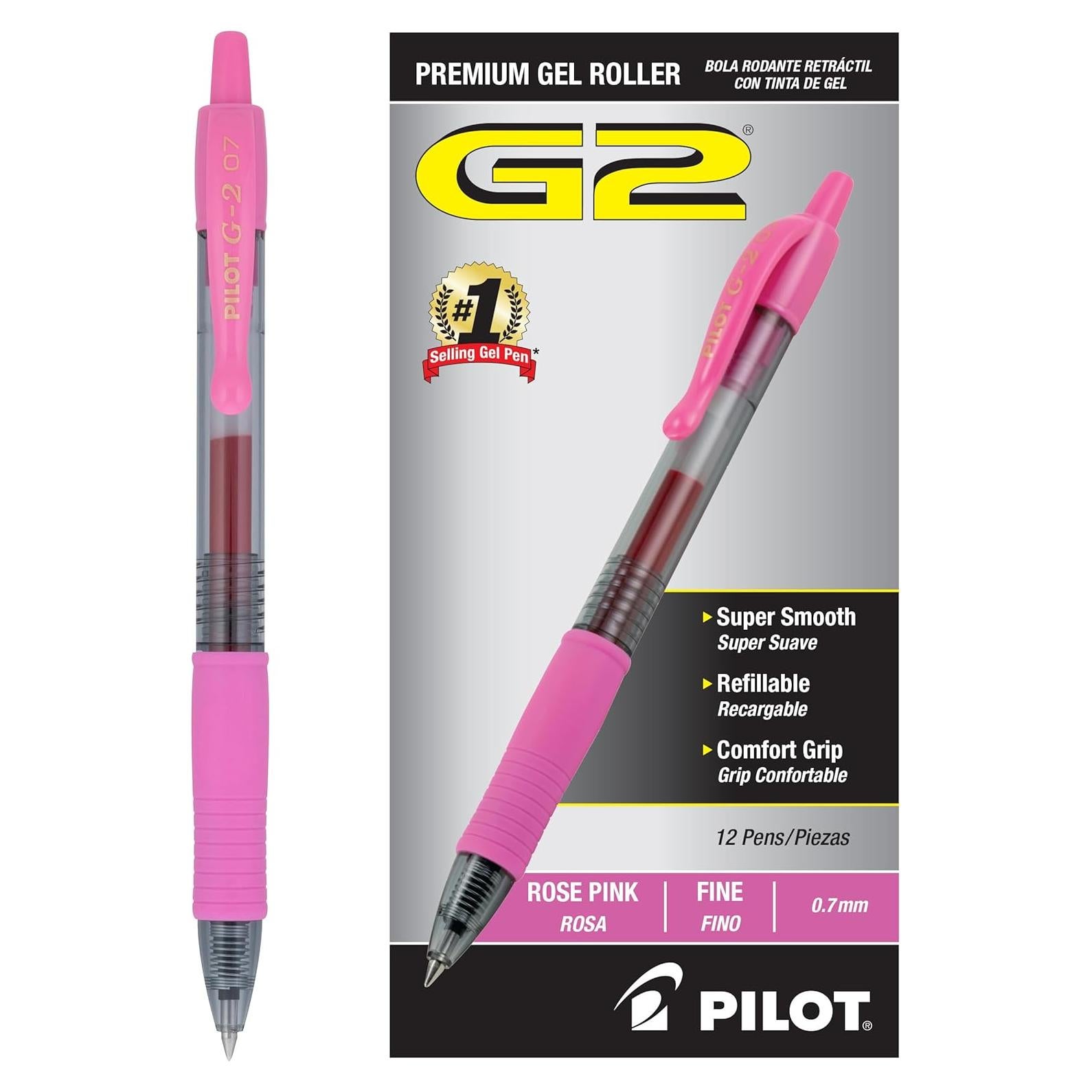 Bolígrafos de Gel Pilot G2 Rosa Claro 0.7mm - Paquete de 12
