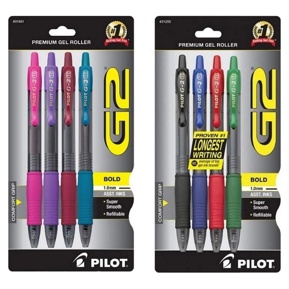 Bolígrafos de Gel Pilot G2 Retráctiles, 1 mm, Paquete de 4