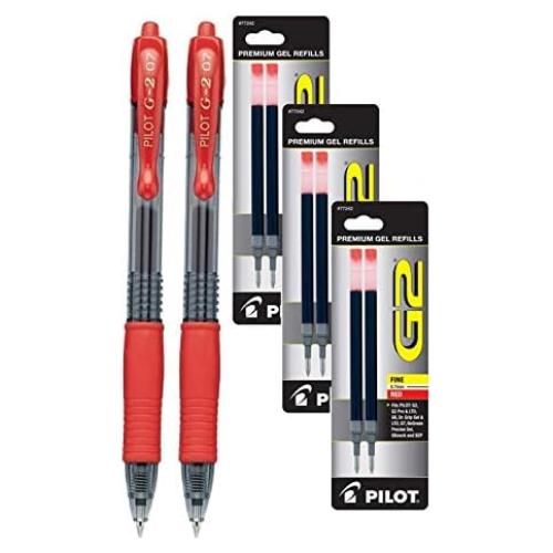 Bolígrafos Pilot G2 Gel Rojo Punta Fina 0.7mm 2 Unidades + 6 Recargas