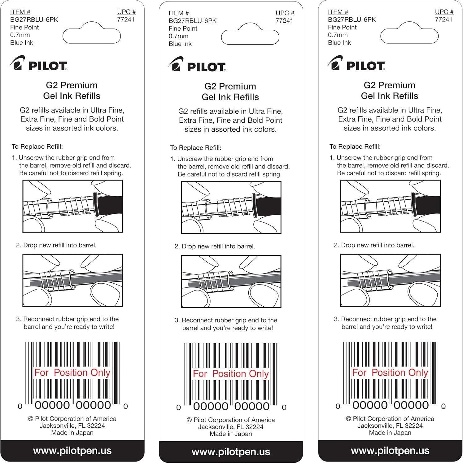Recargas de bolígrafo Pilot G2, tinta gel azul, 0.7mm, 6 unidades